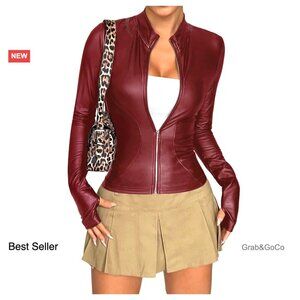 Faux Leather Jacket Slim Fit Zip Up Mock Neck Winter Coat Chic Outerwear